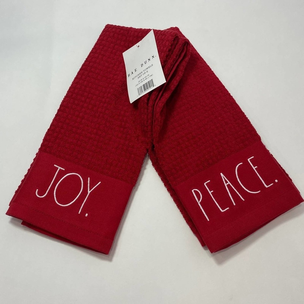 Rae Dunn JOY & PEACE Red Holiday Kitchen Towel Set‎ NEW